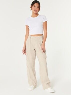 HOLLISTER ULTRA HIGH-RISE LINEN-BLEND BAGGY 3-POCKET CARGO PANTS XS NWT